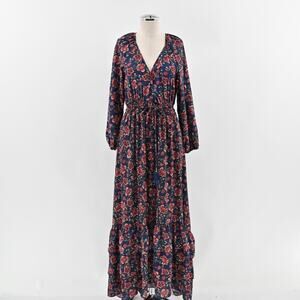 BOEMO‎ Dress Size LP Navy Red Long Sleeve VNeck Tie Waist Floral Print Boho Maxi